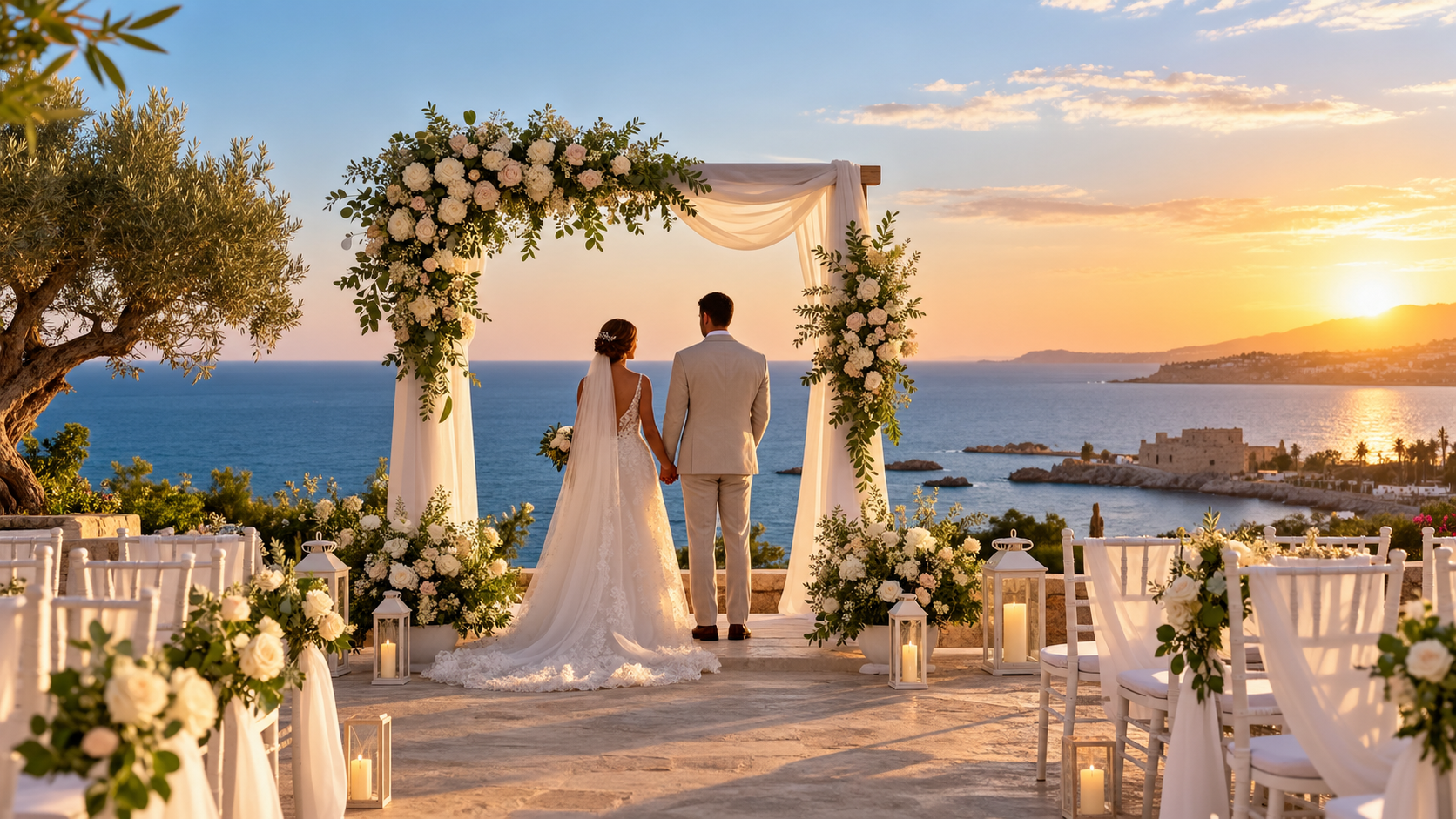 Romantic destination wedding in Cyprus overlooking the Mediterranean Sea, featuring an elegant outdoor ceremony, beautiful coastal scenery and a sunset atmosphere in Paphos.